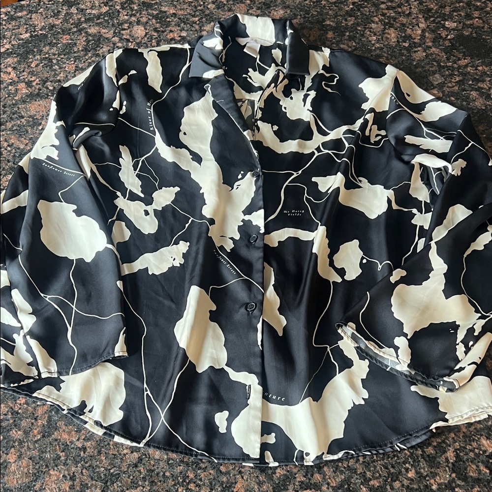 H&M Black and Cream Abstract Button-Up Blouse small